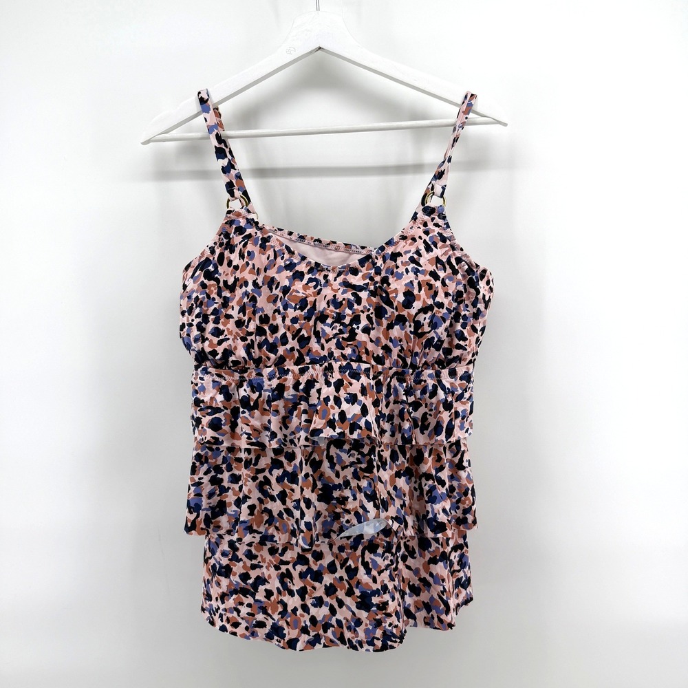 Leilani Tankini Top Leopard Tiered Ruffle 16W Pink Womens Swimwear‎ Plus Size